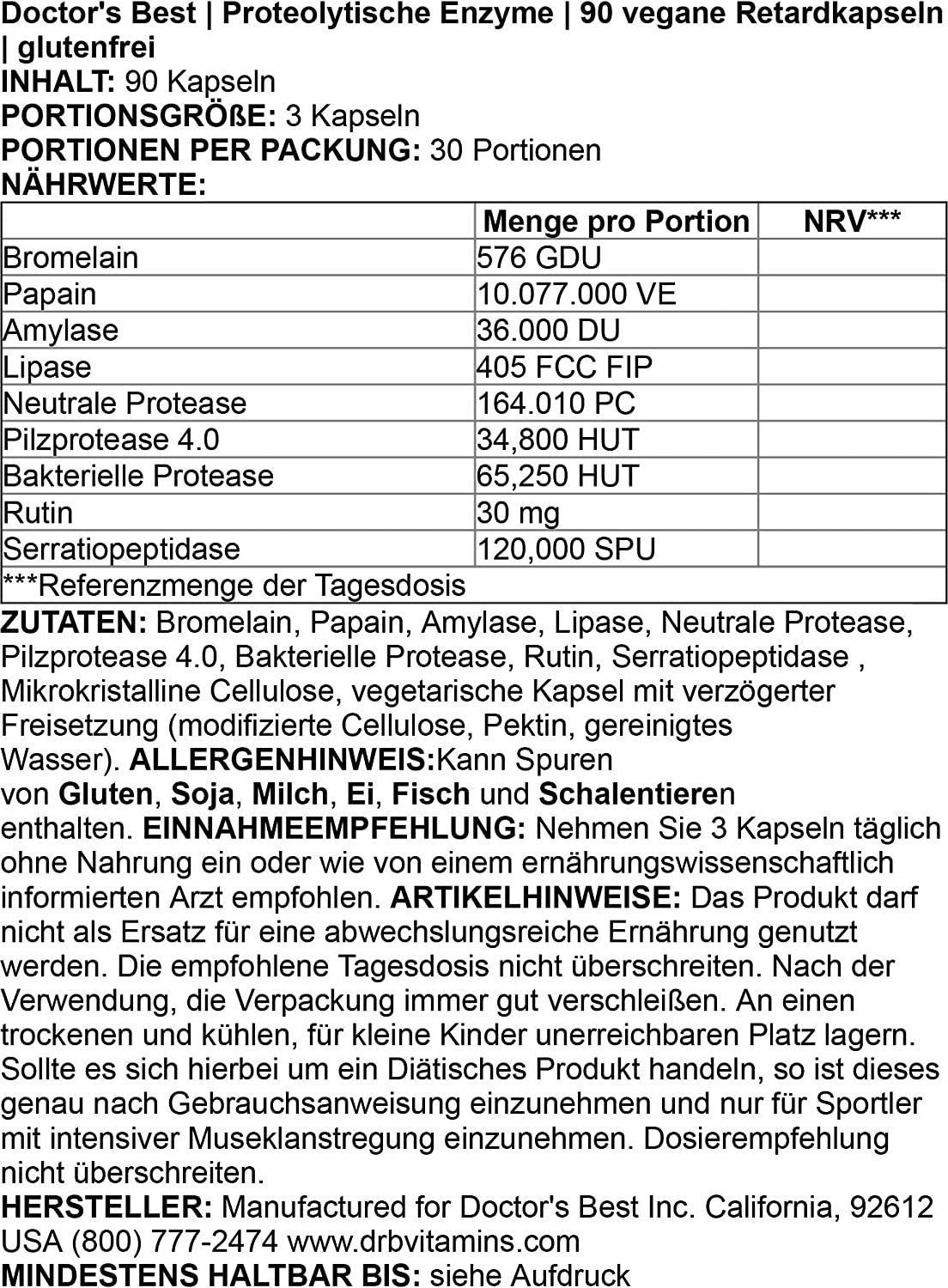 Doctor&#039;s Best Proteolytic enzymes, Digestion, Muscle, Joint, Non-GMO, Gluten Free, Vegetarian, 90 Veggie Caps