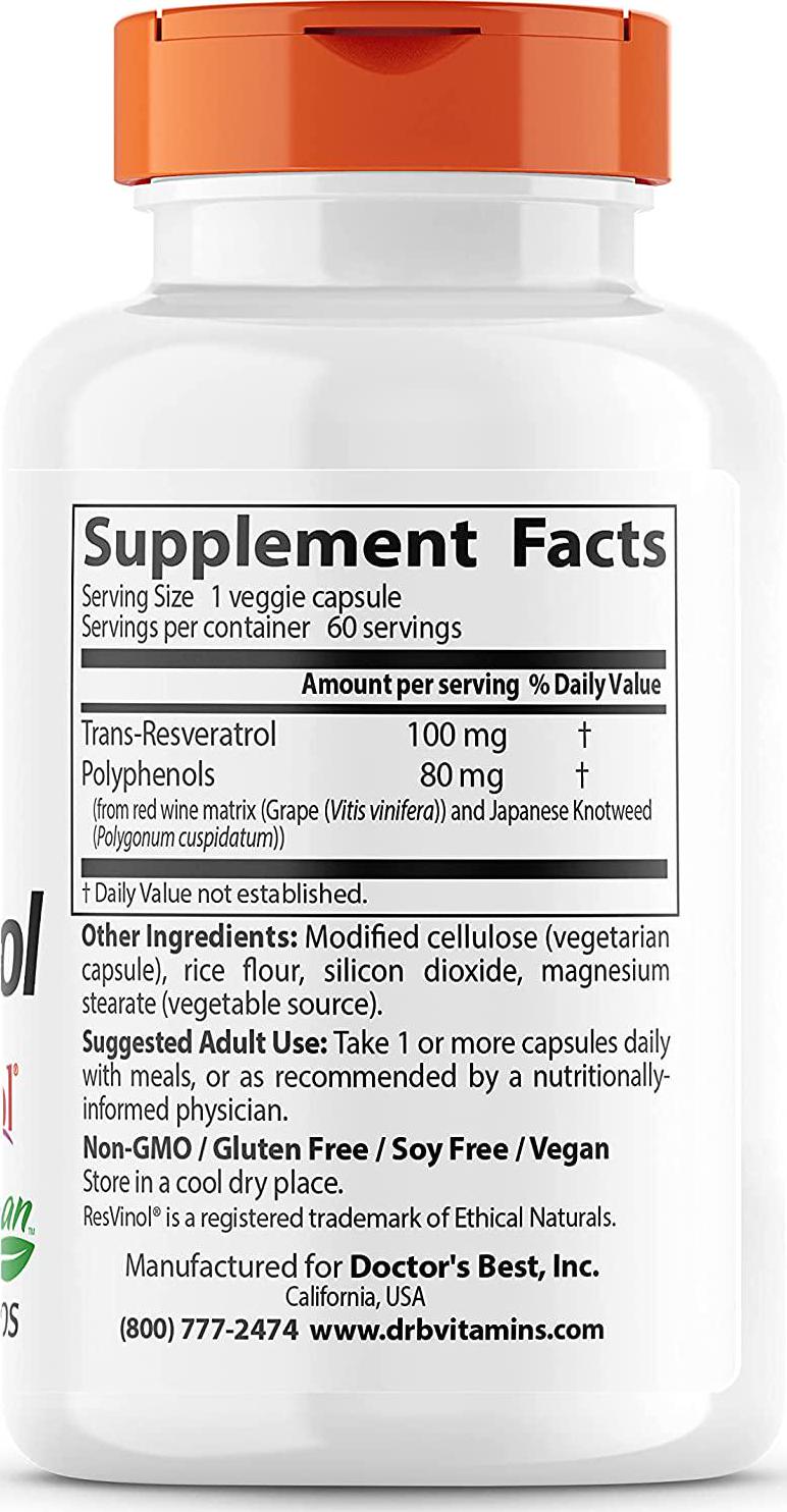 Doctor's Best, Trans-Resveratrol with Resvinol, Non-GMO, Vegan, Gluten Free, Soy Free, 100 mg, 60 Veggie Caps (DRB-00171)