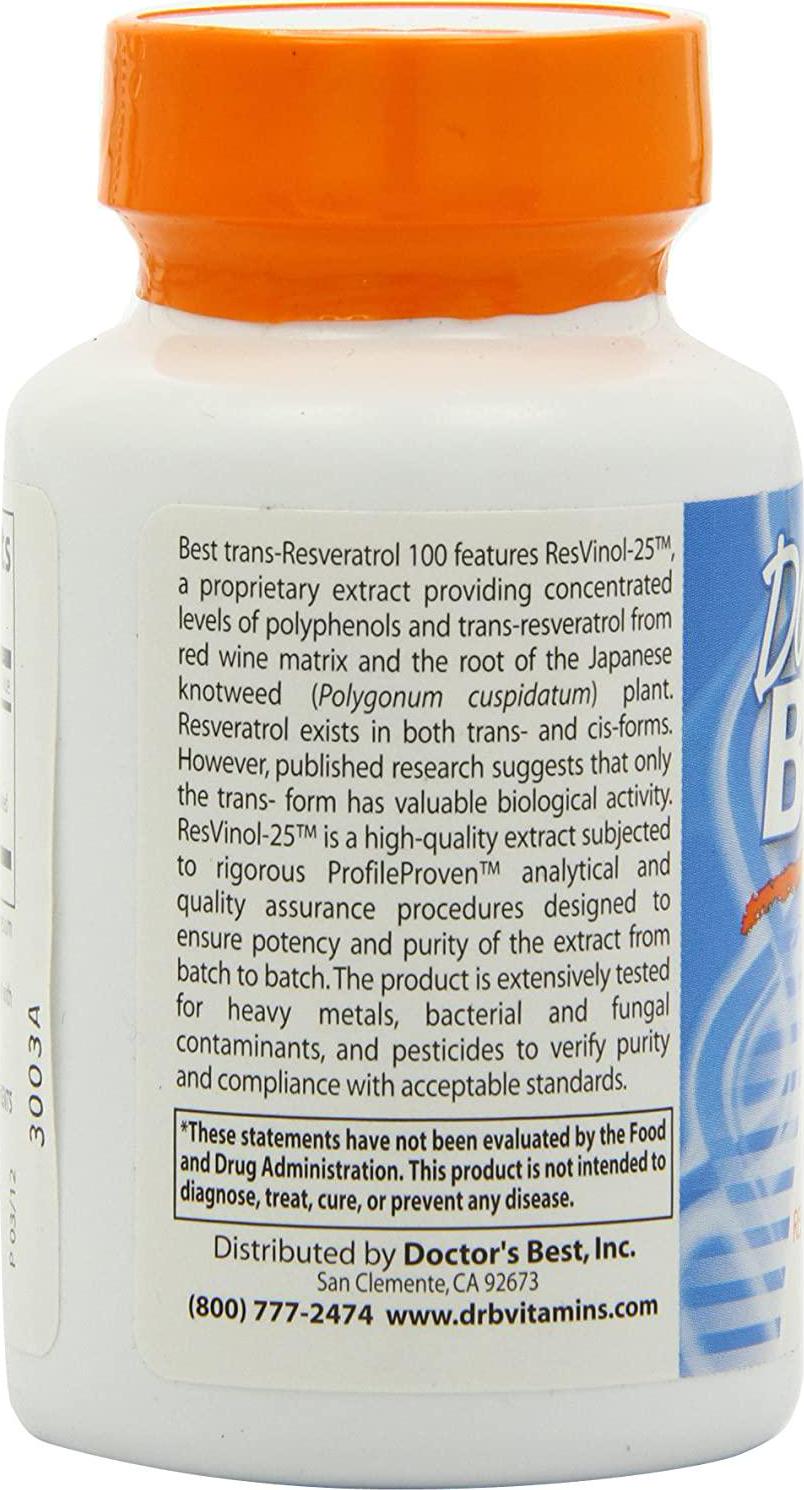 Doctor's Best, Trans-Resveratrol with Resvinol, Non-GMO, Vegan, Gluten Free, Soy Free, 100 mg, 60 Veggie Caps (DRB-00171)