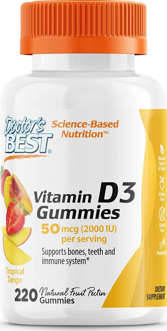 Doctor&#039;s Best Vitamin D3 Gummies to Support Healthy Bones, Immune System and Heart Health, Tropical Tango, 220 Count