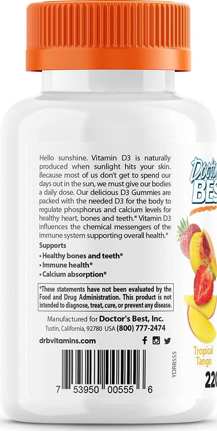 Doctor's Best Vitamin D3 Gummies to Support Healthy Bones, Immune System and Heart Health, Tropical Tango, 220 Count