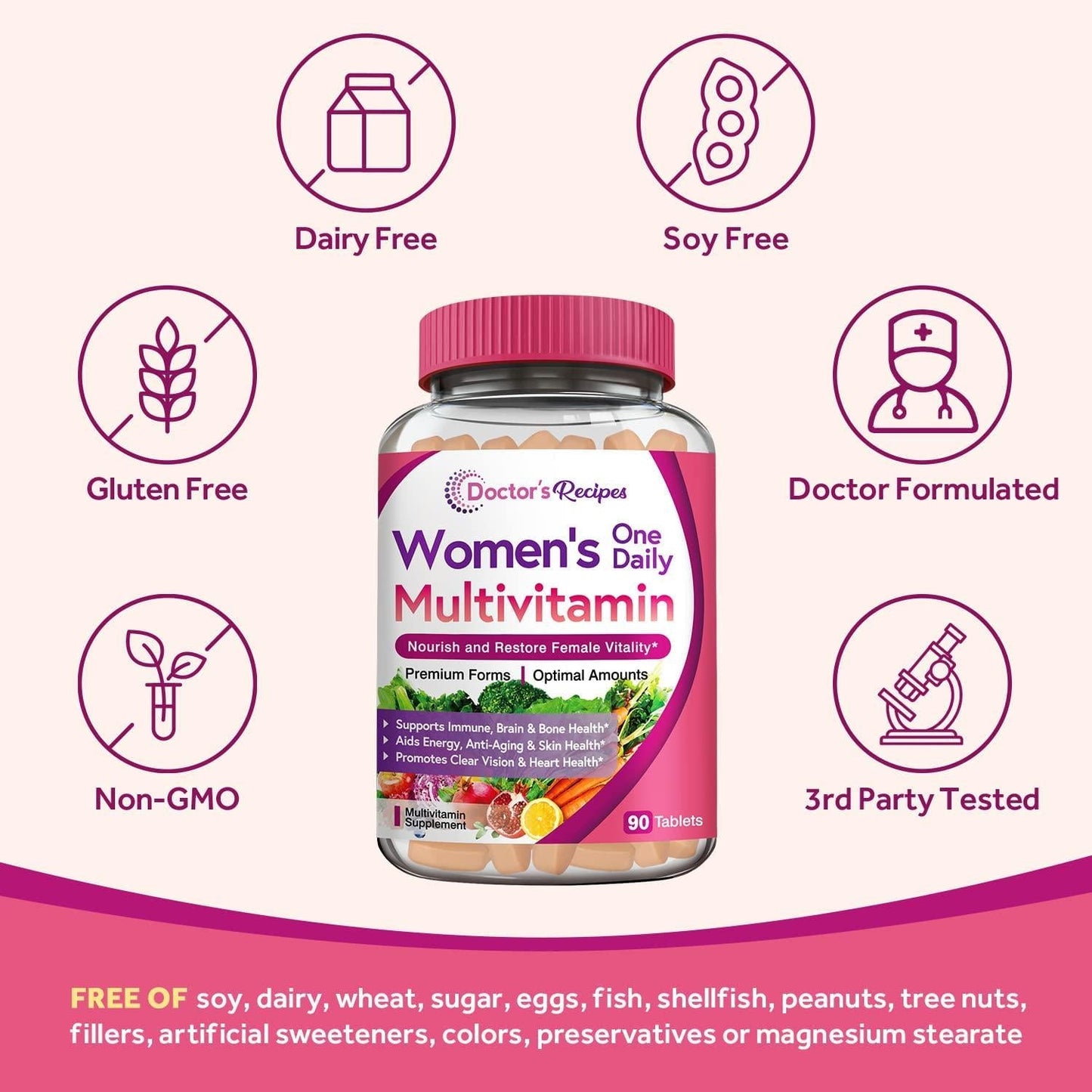 Doctor's Recipes Multivitamin for Women, Overall Health and Immune Support, with Vitamin A, C, D3, E, K, B6, B12, Biotin, Folate, Iron, Zinc, Calcium, Magnesium and More, Non-GMO, 3 Month Supply, 90 Tabs