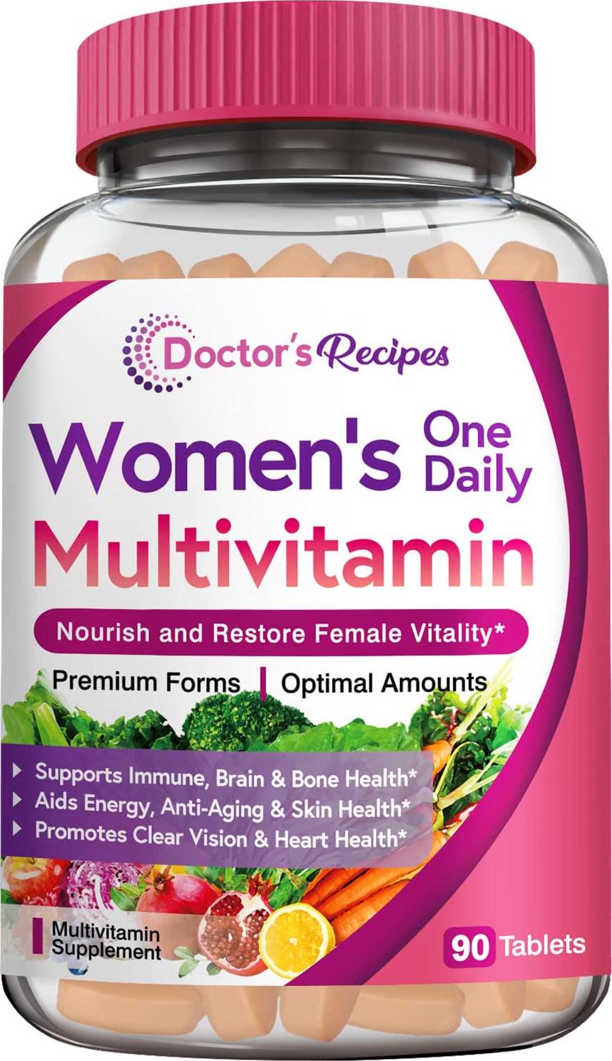 Doctor's Recipes Multivitamin for Women, Overall Health and Immune Support, with Vitamin A, C, D3, E, K, B6, B12, Biotin, Folate, Iron, Zinc, Calcium, Magnesium and More, Non-GMO, 3 Month Supply, 90 Tabs