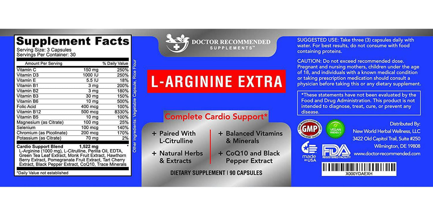 Doctor Recommended L-Arginine Supplement Supports Muscle Mass Improves Blood Flow Nitric Acid Precursor Blended with Vitamins and Cardio Support Ingredients 100% Vegetarian Made in USA