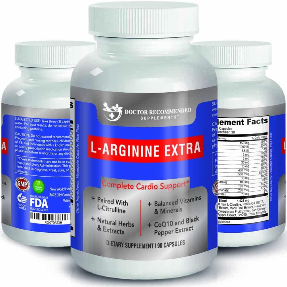 Doctor Recommended L-Arginine Supplement Supports Muscle Mass Improves Blood Flow Nitric Acid Precursor Blended with Vitamins and Cardio Support Ingredients 100% Vegetarian Made in USA