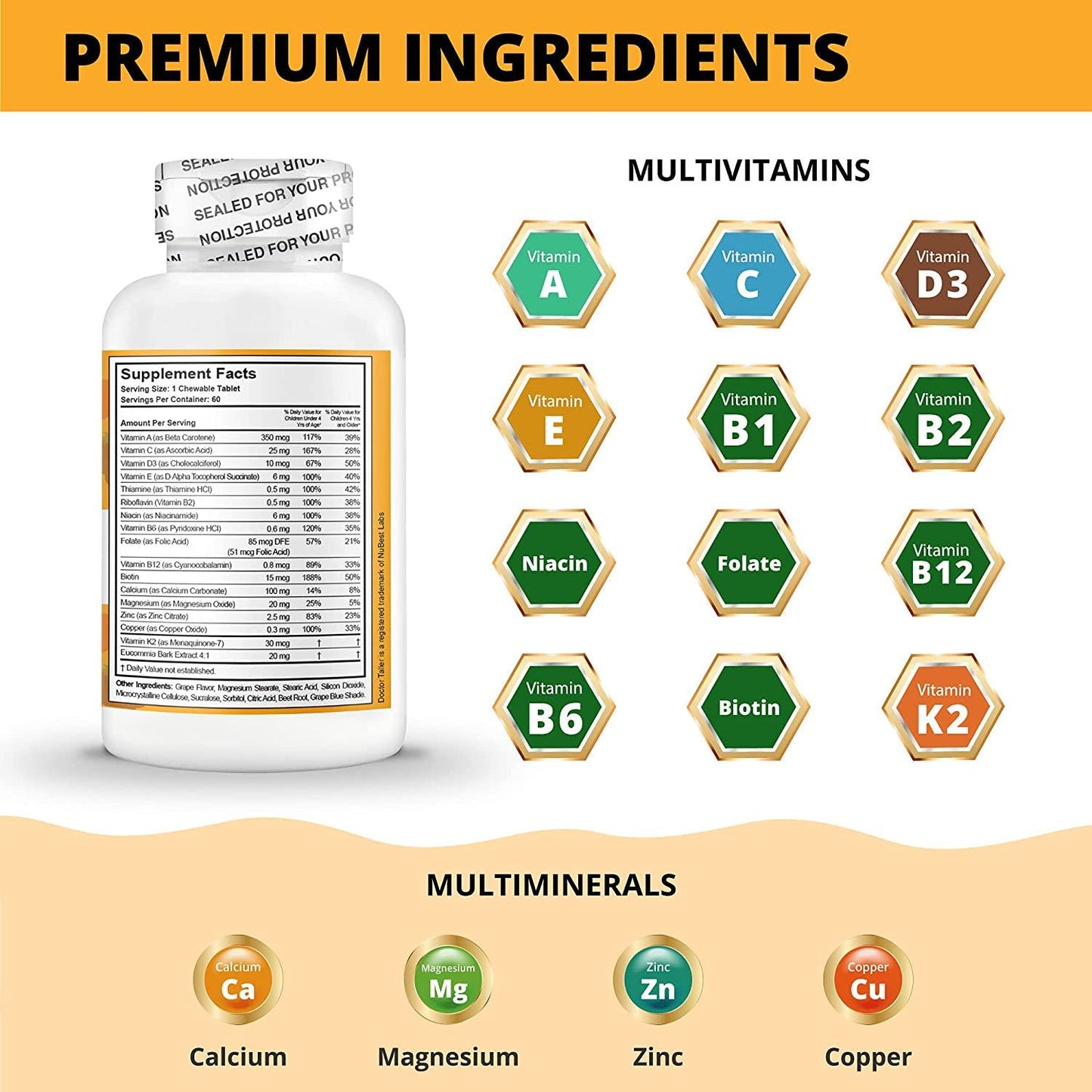 Doctor Taller Kids - Support Healthy Growth of Kids with Multivitamins and Multiminerals - for Kids Ages 2 to 9 - Grape Flavor - 60 Vegan Chewable Tablets