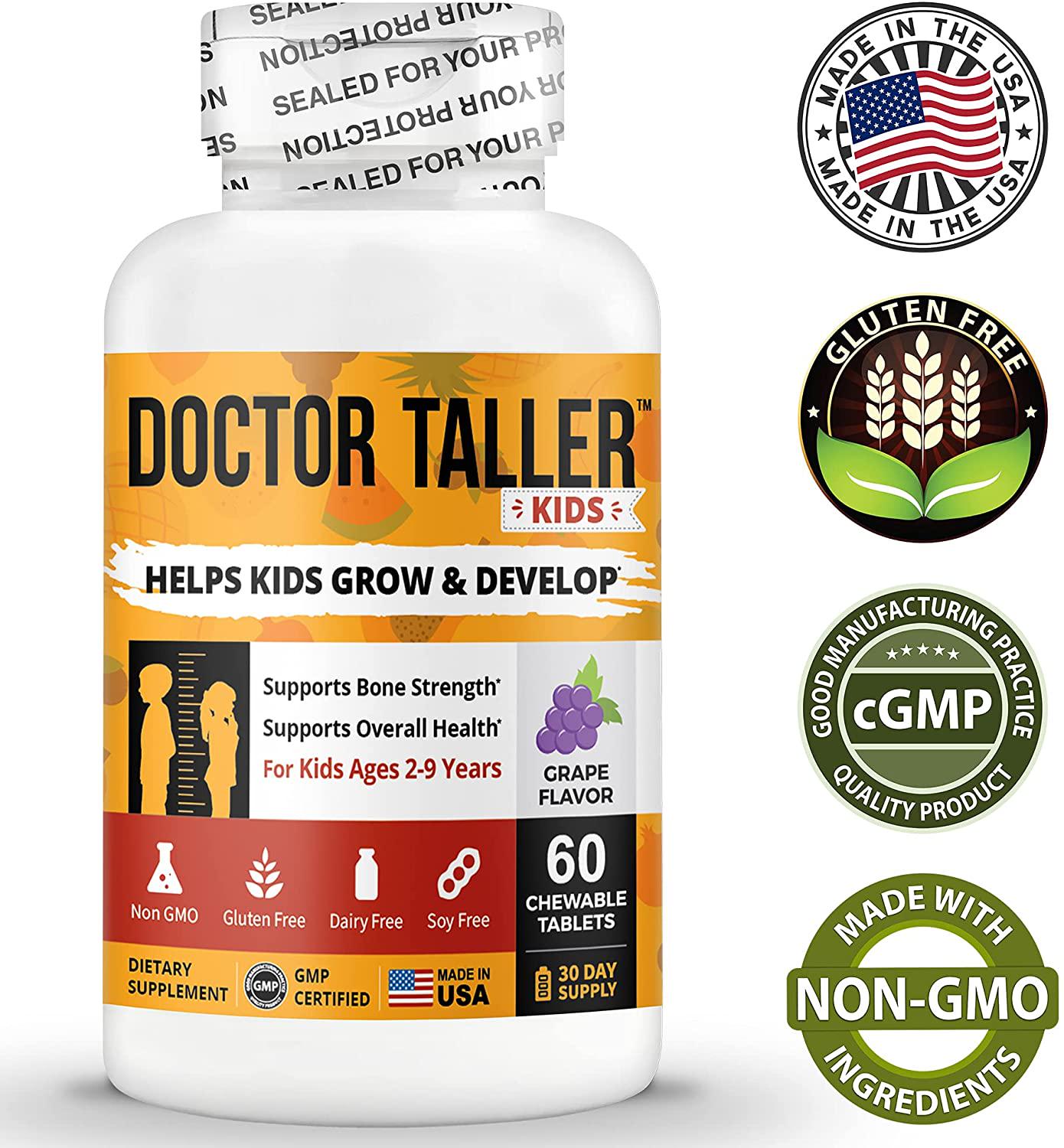 Doctor Taller Kids - Support Healthy Growth of Kids with Multivitamins and Multiminerals - for Kids Ages 2 to 9 - Grape Flavor - 60 Vegan Chewable Tablets