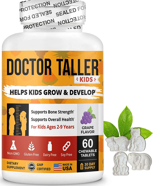 Doctor Taller Kids - Support Healthy Growth of Kids with Multivitamins and Multiminerals - for Kids Ages 2 to 9 - Grape Flavor - 60 Vegan Chewable Tablets