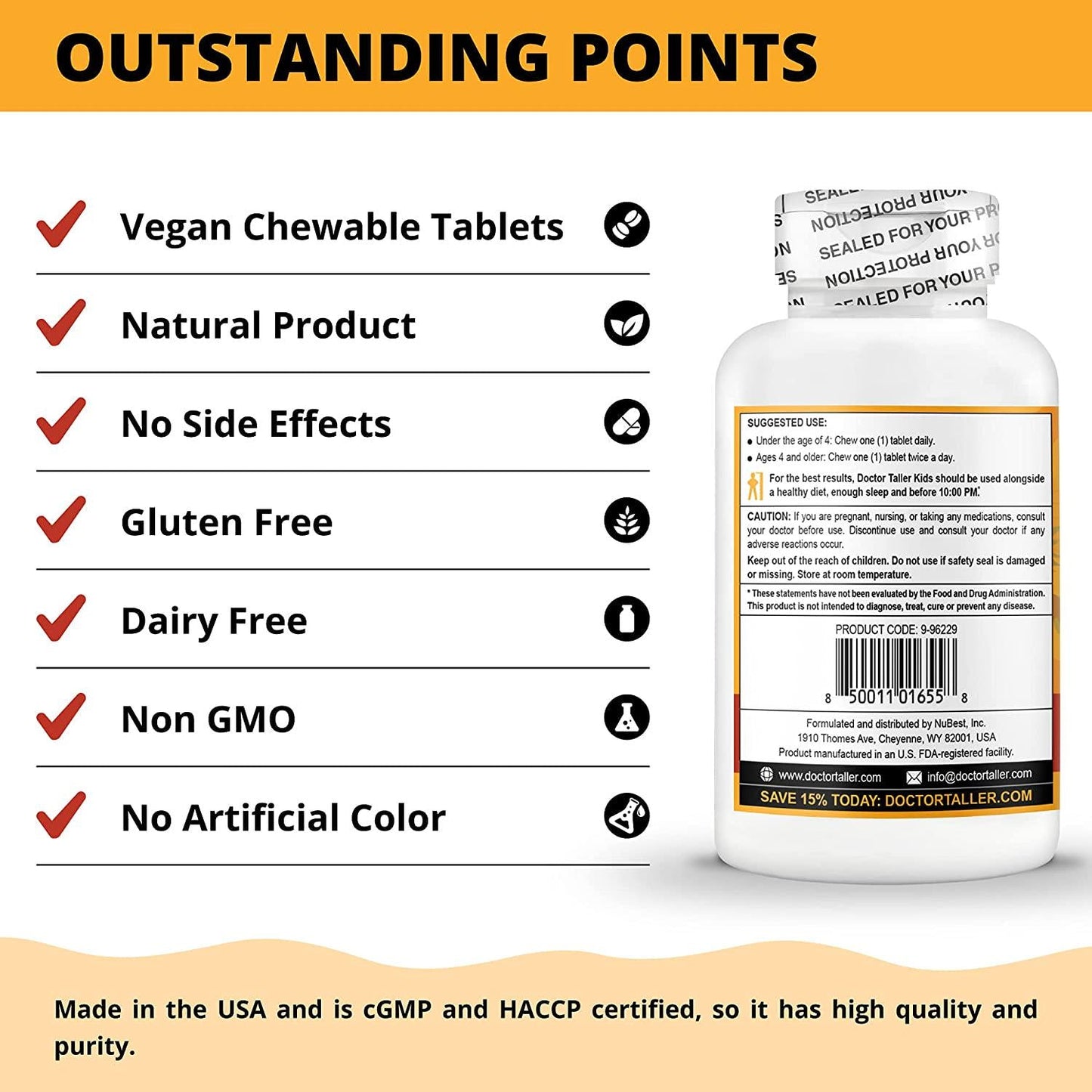 Doctor Taller Kids - Support Healthy Growth of Kids with Multivitamins and Multiminerals - for Kids Ages 2 to 9 - Grape Flavor - 60 Vegan Chewable Tablets