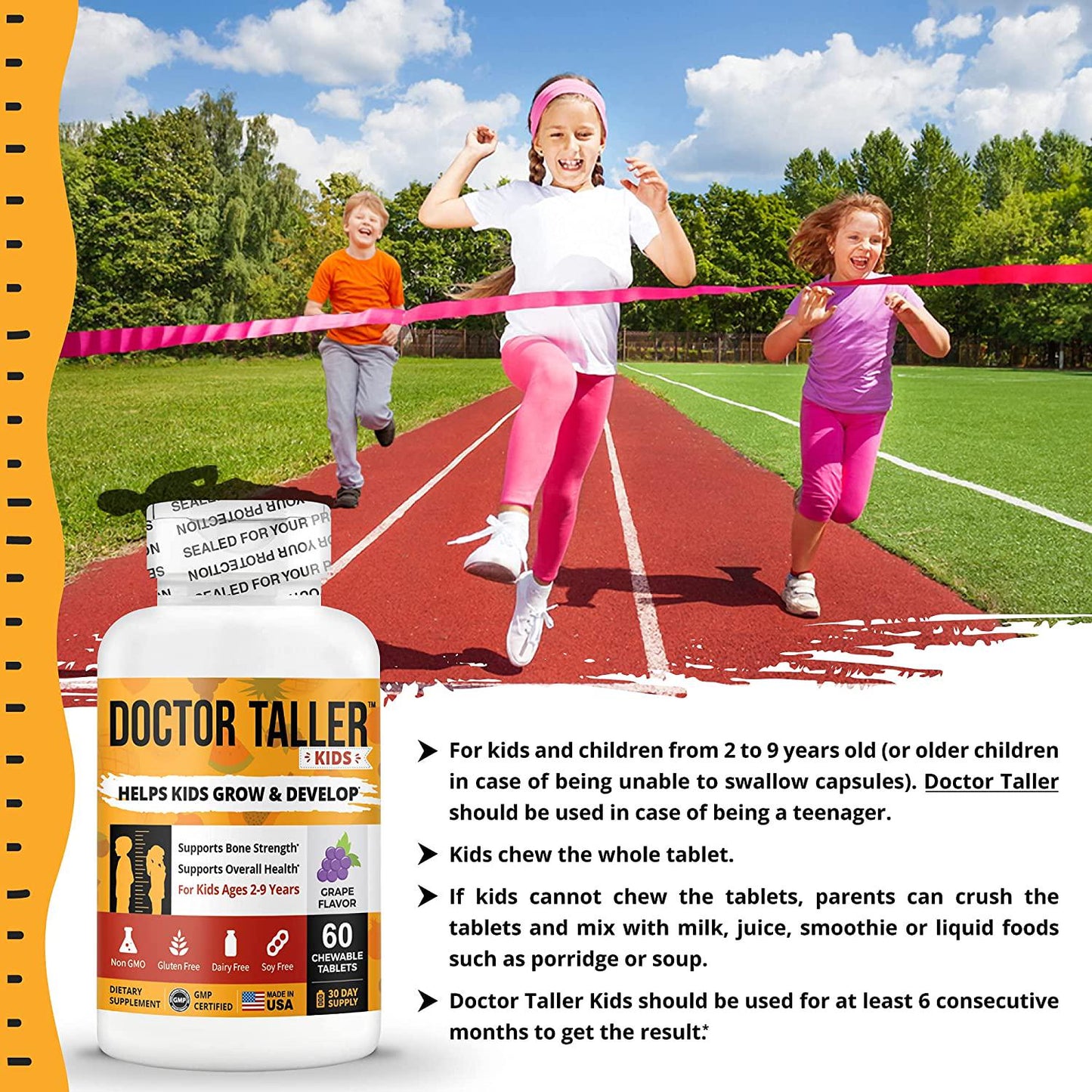 Doctor Taller Kids - Support Healthy Growth of Kids with Multivitamins and Multiminerals - for Kids Ages 2 to 9 - Grape Flavor - 60 Vegan Chewable Tablets