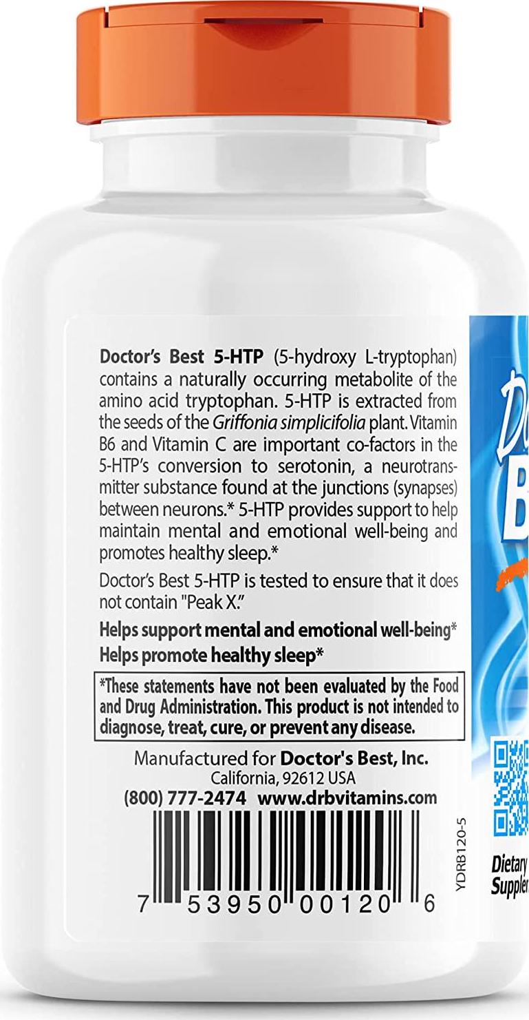Doctor's Best 5-HTP Enhanced with Vitamins B6 and C, Non-GMO, Vegan, Gluten and Soy Free, 120 Count