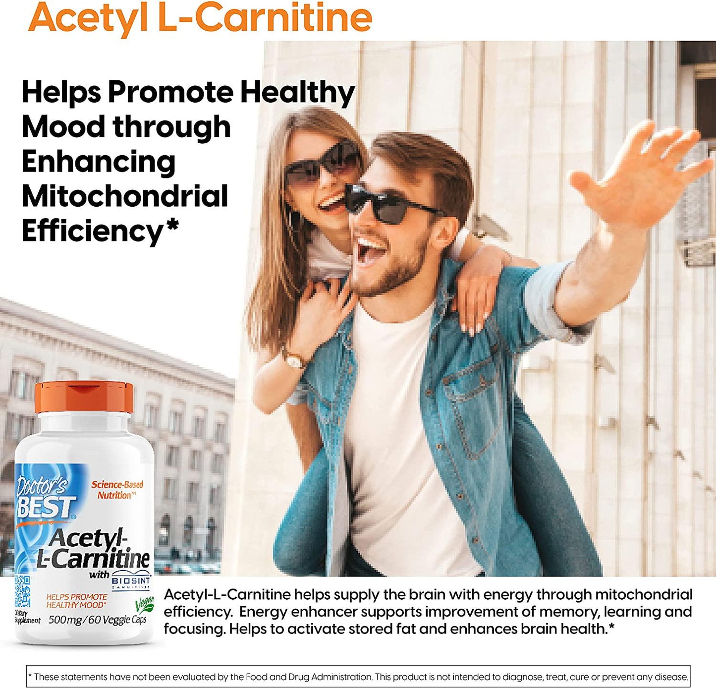 Doctor's Best Acetyl L-Carnitine, Help Boost Energy Production, Support Memory/Focus, Mood, Non-GMO, Vegan, Gluten Free, 120 Count (Pack of 1) (DRB-00152)