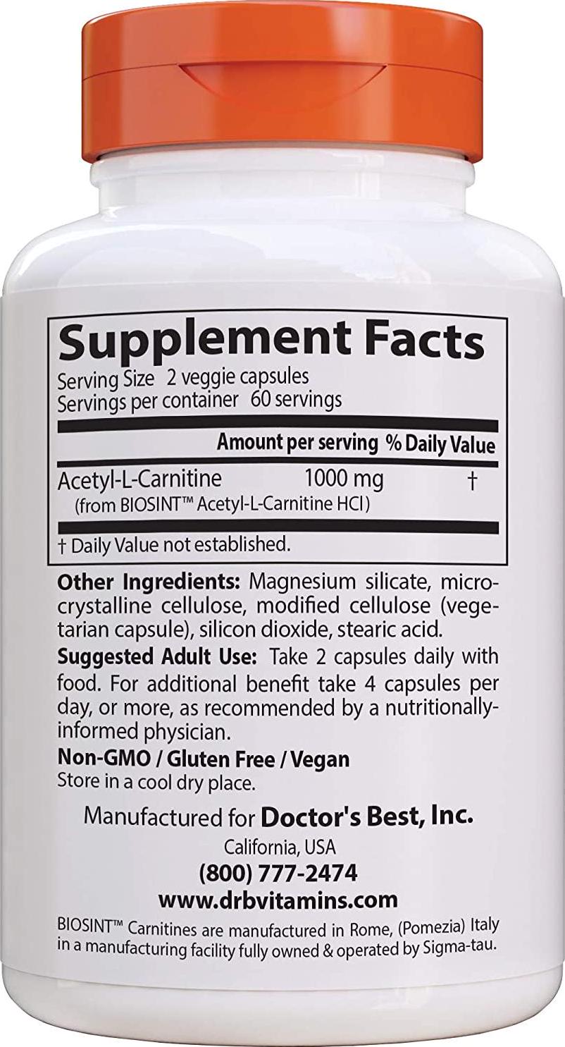 Doctor's Best Acetyl L-Carnitine, Help Boost Energy Production, Support Memory/Focus, Mood, Non-GMO, Vegan, Gluten Free, 120 Count (Pack of 1) (DRB-00152)