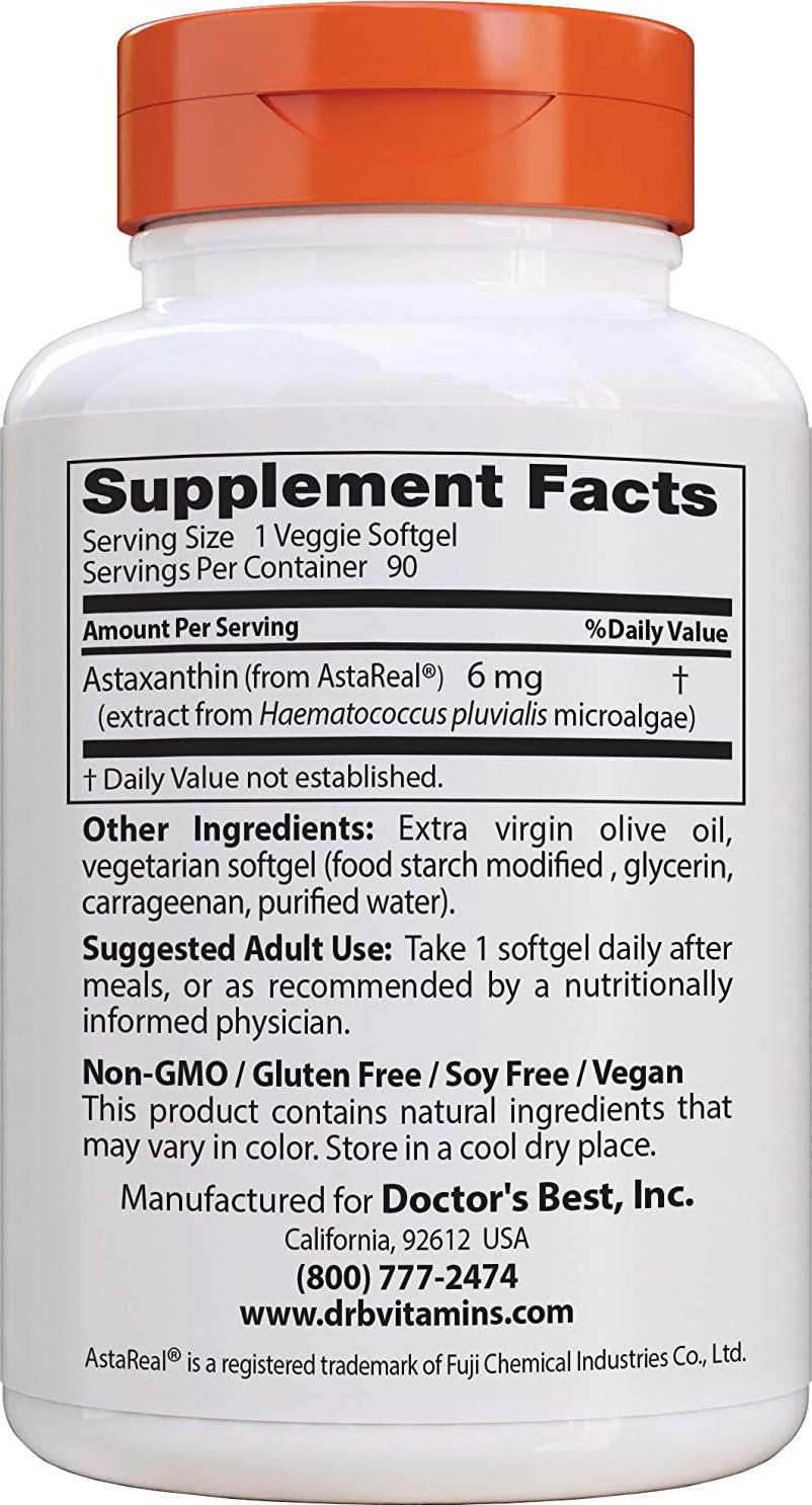 Doctor's Best Astaxanthin, Non-GMO, Gluten Free, Vegan, Soy Free, Powerful Antioxidant, 6 mg, 90 Veggie Softgels