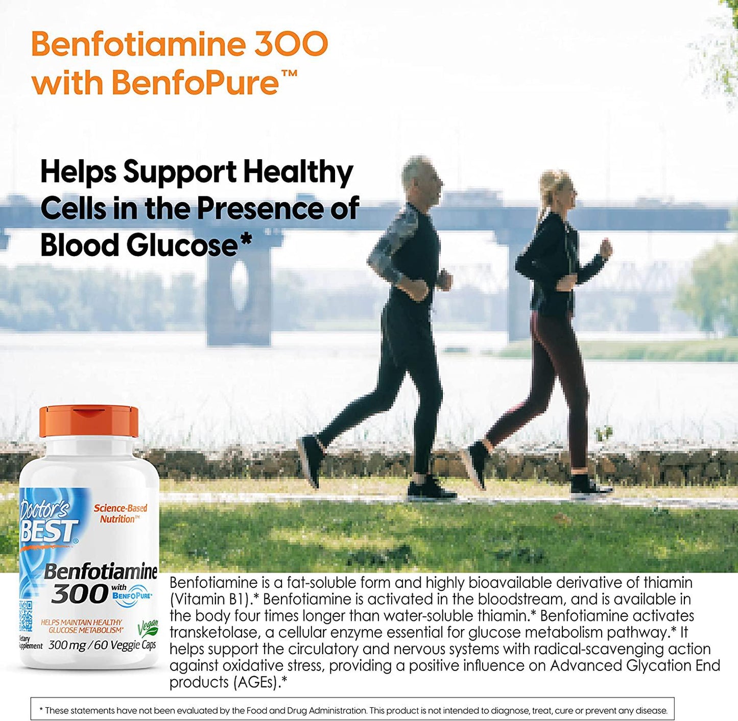 Doctor's Best Benfotiamine, Non-GMO, Vegan, Gluten Free, Soy Free, Helps Maintain Blood Sugar Levels, 300 mg, 60 Veggie Caps (DRB-00270)