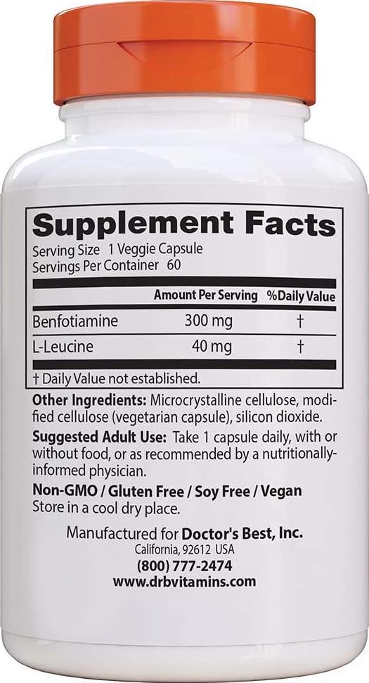 Doctor's Best Benfotiamine, Non-GMO, Vegan, Gluten Free, Soy Free, Helps Maintain Blood Sugar Levels, 300 mg, 60 Veggie Caps (DRB-00270)