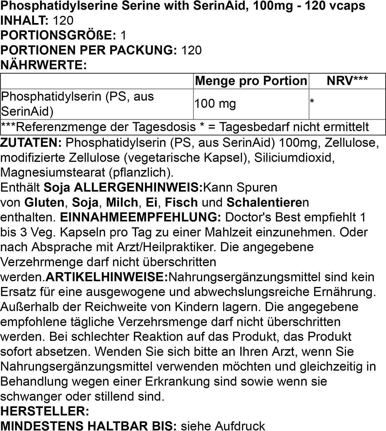 Doctor's Best Best Phosphatidyl Serine 100, 120-Count