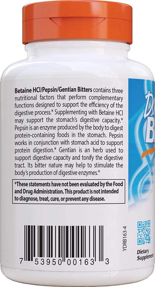Doctor's Best Betaine HCI Pepsin and Gentian Bitters, Non-GMO, Gluten Free, Digestion Support, 120 Caps