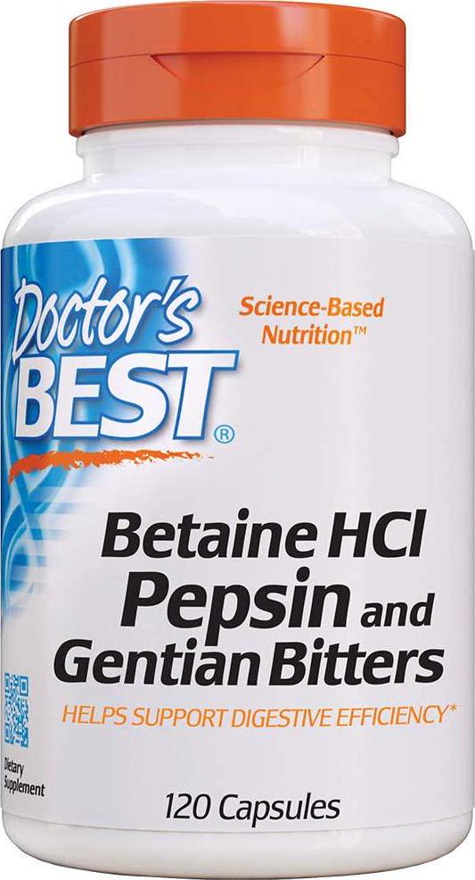 Doctor's Best Betaine HCI Pepsin and Gentian Bitters, Non-GMO, Gluten Free, Digestion Support, 120 Caps