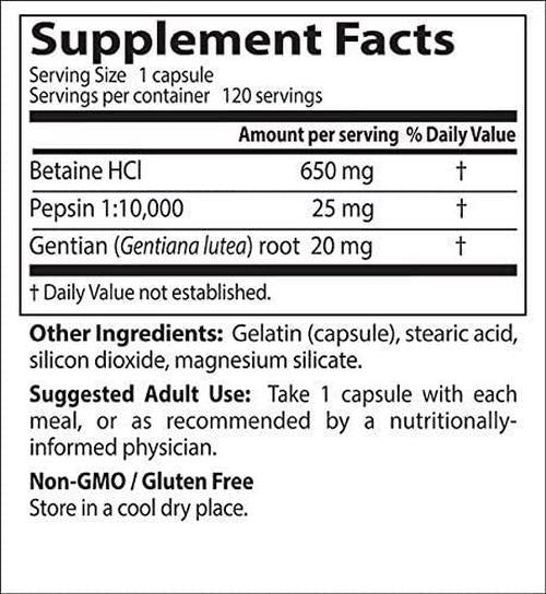 Doctor's Best Betaine HCI Pepsin and Gentian Bitters, Non-GMO, Gluten Free, Digestion Support, 120 Caps