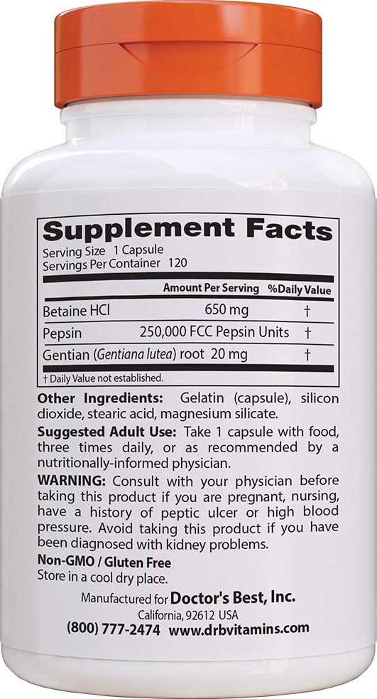 Doctor's Best Betaine HCI Pepsin and Gentian Bitters, Non-GMO, Gluten Free, Digestion Support, 120 Caps