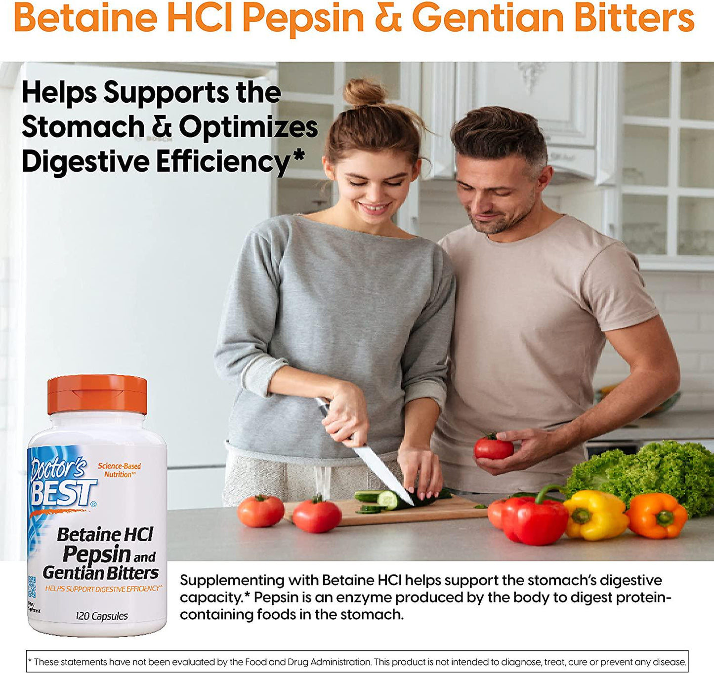 Doctor's Best Betaine HCI Pepsin and Gentian Bitters, Non-GMO, Gluten Free, Digestion Support, 120 Caps