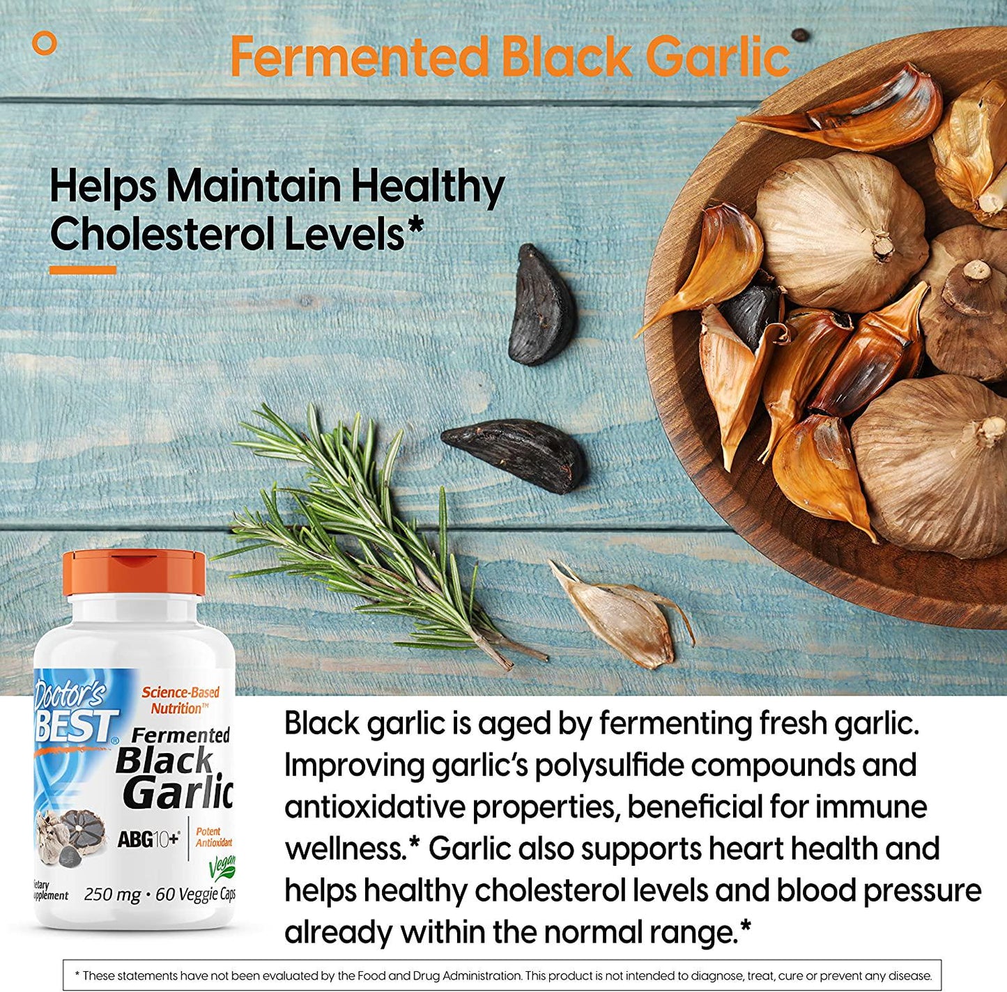 Doctor's Best Black Garlic Extract ABG10+ 250mg Supports Healthy Blood Pressure Cholesterol Boost Immunity Potent Antioxidant, 60 Count