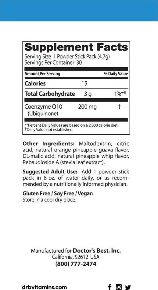 Doctor's Best Coq10 200mg Powder 30 Stick Packs, 4.7 Gram