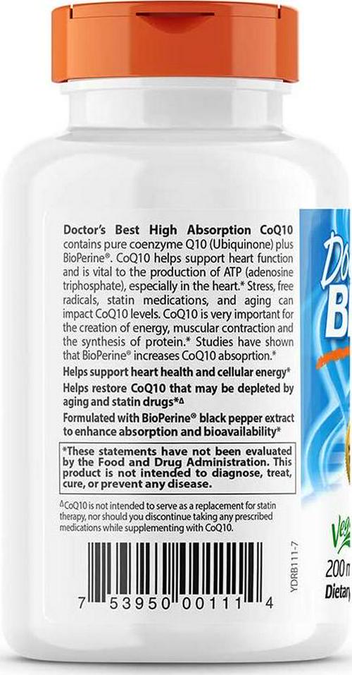 Doctor's Best High Absorption CoQ10 with BioPerine, Gluten Free, Naturally Fermented, Vegan, Heart Health and Energy Production, 200 mg 60 Veggie Caps