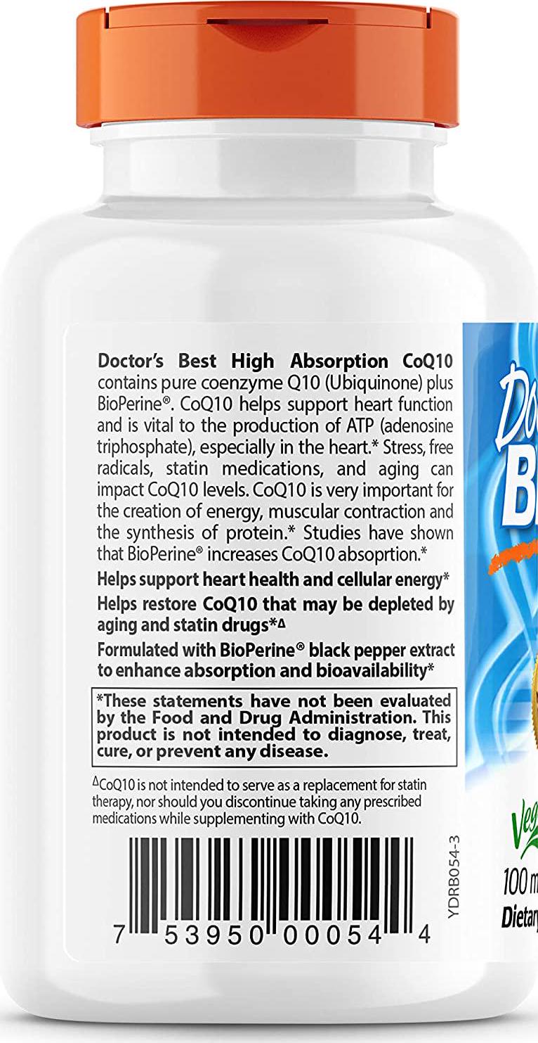 Doctor's Best High Absorption CoQ10 with BioPerine, Vegan, Gluten Free, Naturally Fermented, Heart Health and Energy Production, 100 mg 30 Veggie Caps