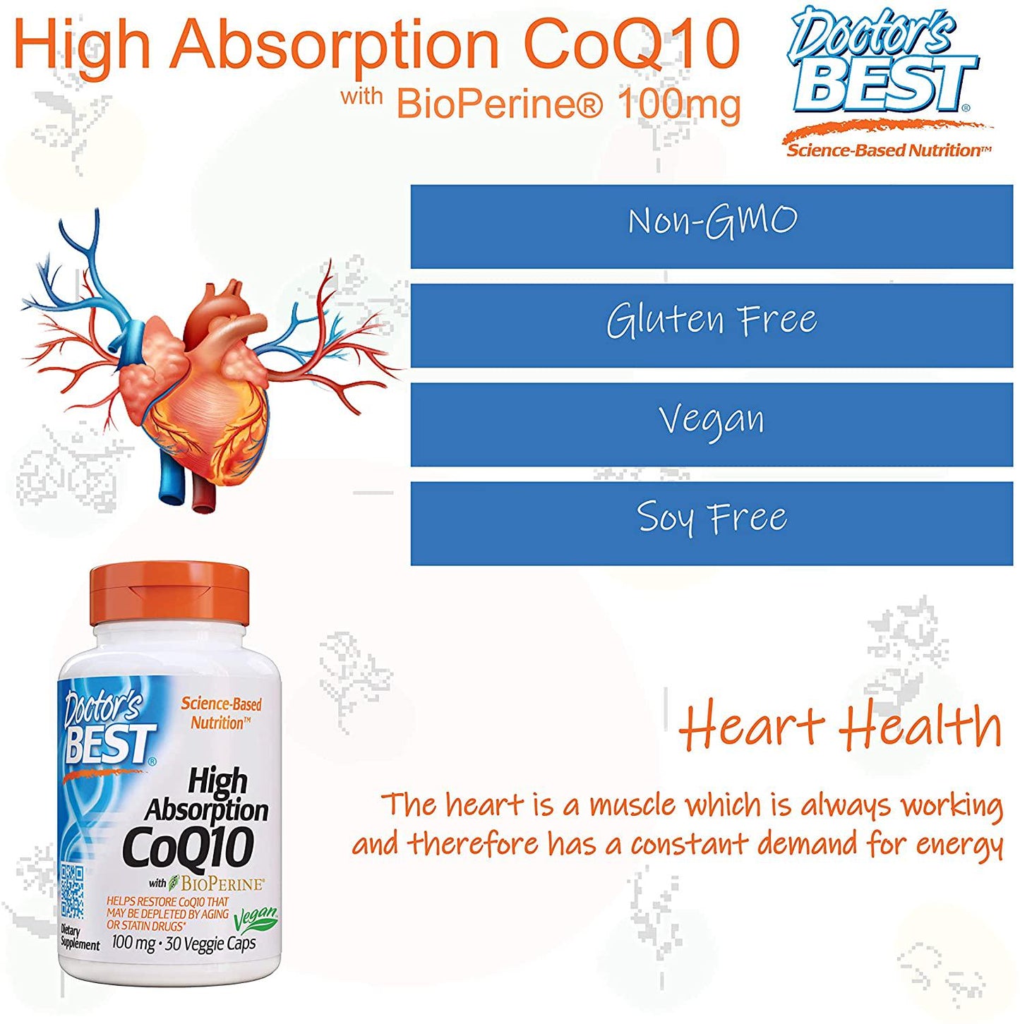 Doctor's Best High Absorption CoQ10 with BioPerine, Vegan, Gluten Free, Naturally Fermented, Heart Health and Energy Production, 100 mg 30 Veggie Caps