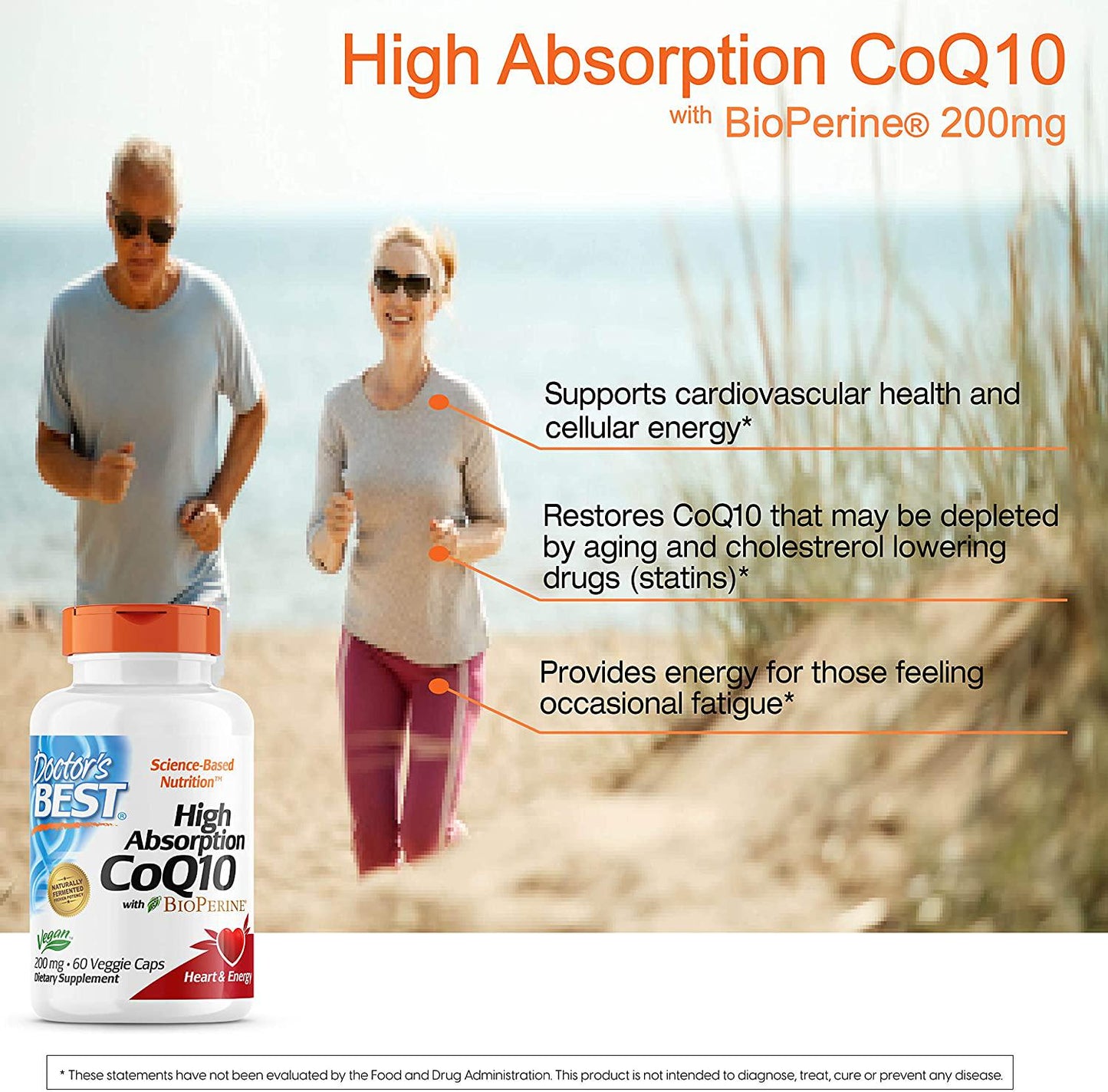 Doctor's Best High Absorption CoQ10 with BioPerine, Gluten Free, Naturally Fermented, Vegan, Heart Health and Energy Production, 200 mg 60 Veggie Caps
