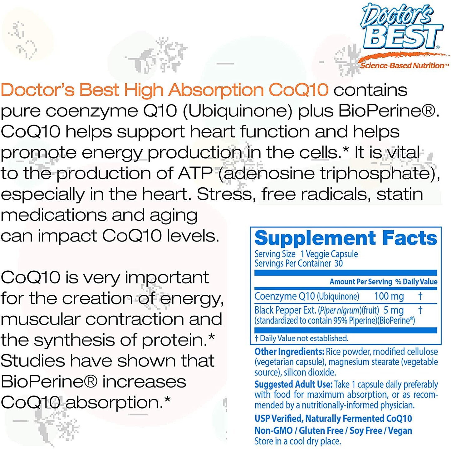 Doctor's Best High Absorption CoQ10 with BioPerine, Vegan, Gluten Free, Naturally Fermented, Heart Health and Energy Production, 100 mg 30 Veggie Caps