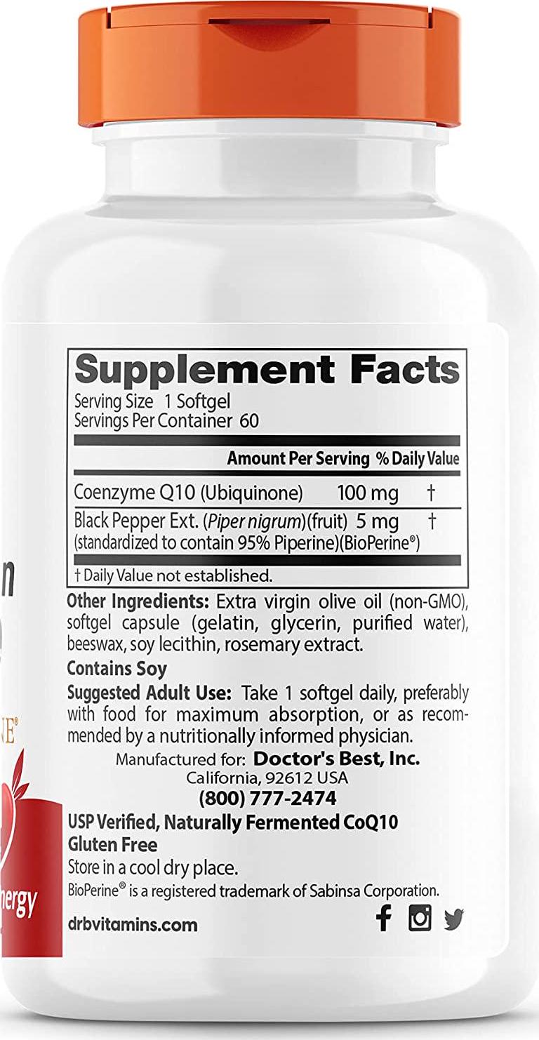 Doctor's Best High Absorption CoQ10 with BioPerine, Gluten Free Naturally Fermented, Heart Health and Energy Production, 100 mg, 60 SoFtgels