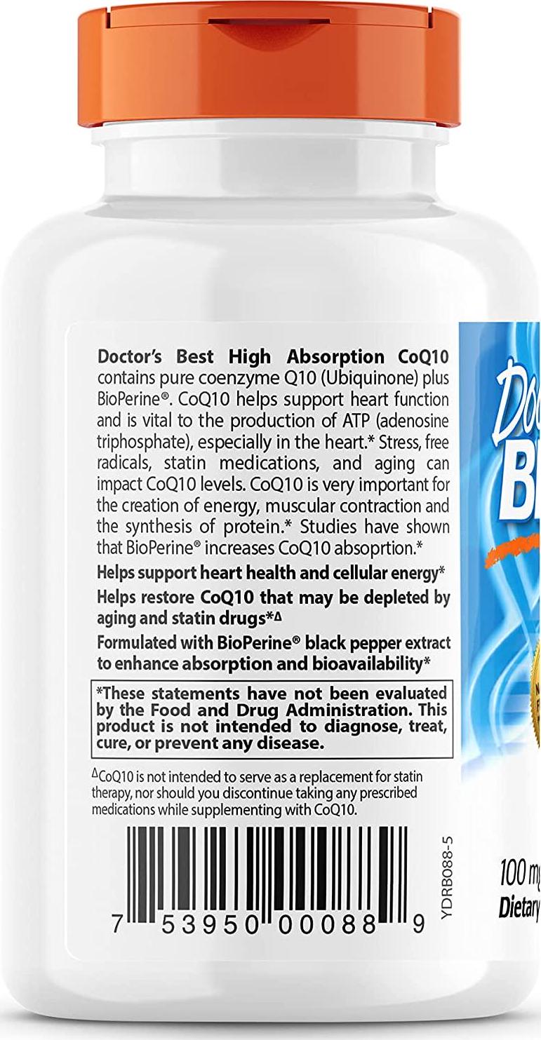 Doctor's Best High Absorption CoQ10 with BioPerine, Gluten Free Naturally Fermented, Heart Health and Energy Production, 100 mg, 60 SoFtgels
