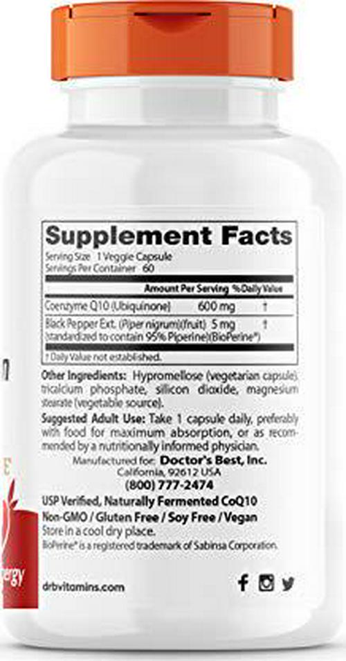 Doctor's Best High Absorption CoQ10 with BioPerine, Non-GMO, Vegan, Gluten Free, Naturally Fermented, Heart Health, Energy Production, 600 mg, 60 Count