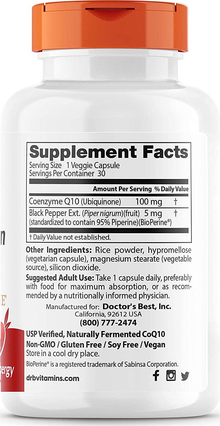 Doctor's Best High Absorption CoQ10 with BioPerine, Vegan, Gluten Free, Naturally Fermented, Heart Health and Energy Production, 100 mg 30 Veggie Caps