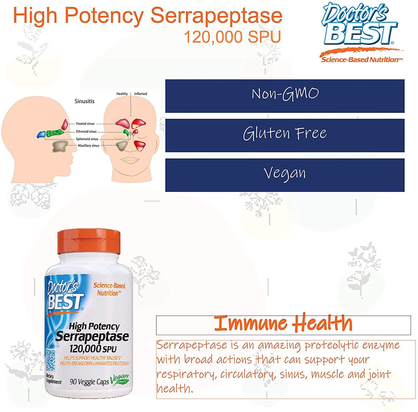 Doctor's Best High Potency Serrapeptase, Non-GMO, Gluten Free, Vegan, Supports Healthy Sinuses, 120,000 SPU, 90 Veggie Caps