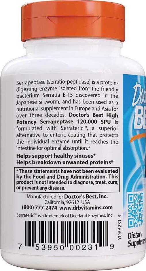 Doctor's Best High Potency Serrapeptase, Non-GMO, Gluten Free, Vegan, Supports Healthy Sinuses, 120,000 SPU, 90 Veggie Caps