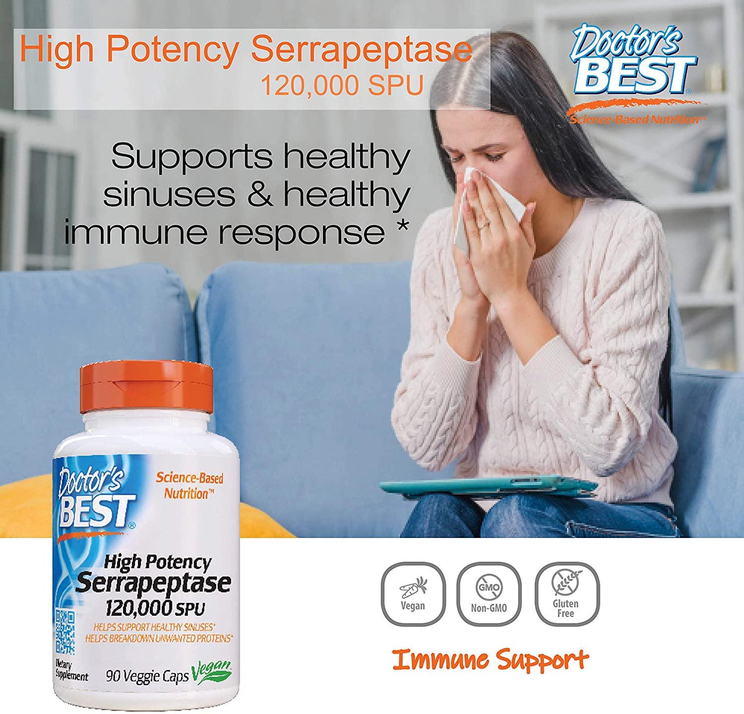 Doctor's Best High Potency Serrapeptase, Non-GMO, Gluten Free, Vegan, Supports Healthy Sinuses, 120,000 SPU, 90 Veggie Caps