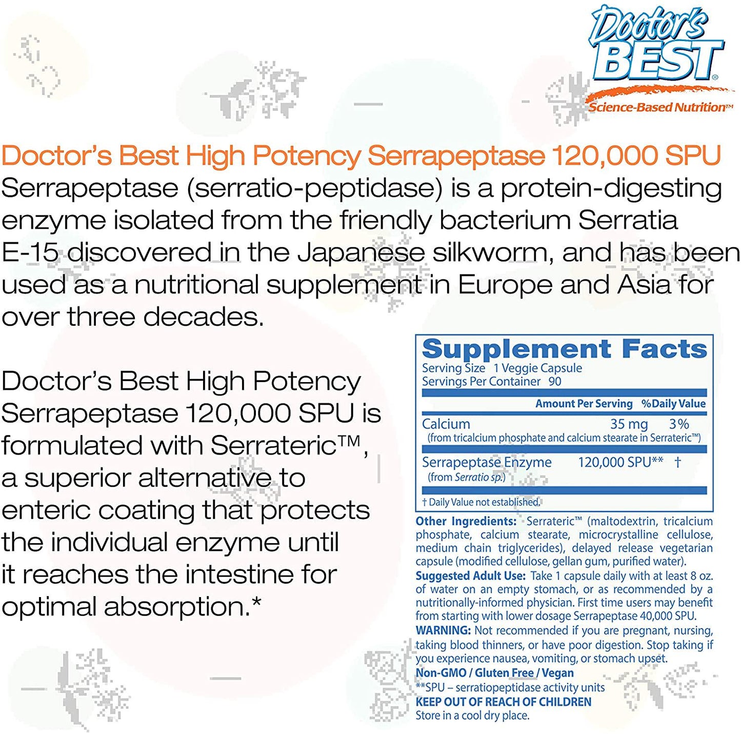 Doctor's Best High Potency Serrapeptase, Non-GMO, Gluten Free, Vegan, Supports Healthy Sinuses, 120,000 SPU, 90 Veggie Caps