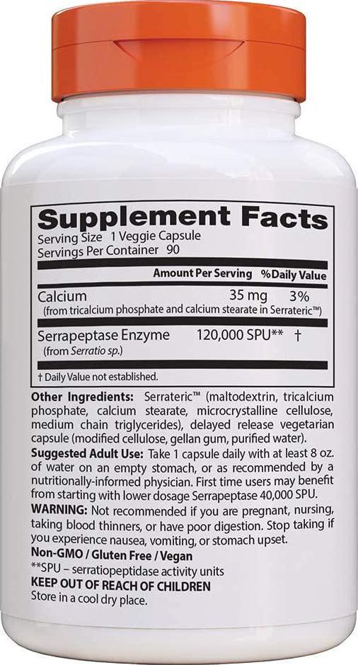 Doctor's Best High Potency Serrapeptase, Non-GMO, Gluten Free, Vegan, Supports Healthy Sinuses, 120,000 SPU, 90 Veggie Caps