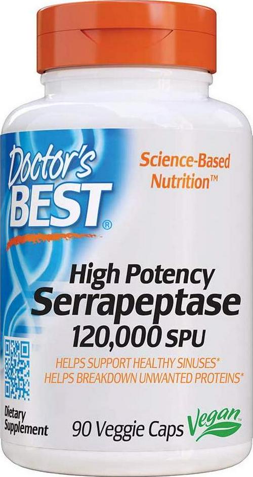 Doctor's Best High Potency Serrapeptase, Non-GMO, Gluten Free, Vegan, Supports Healthy Sinuses, 120,000 SPU, 90 Veggie Caps