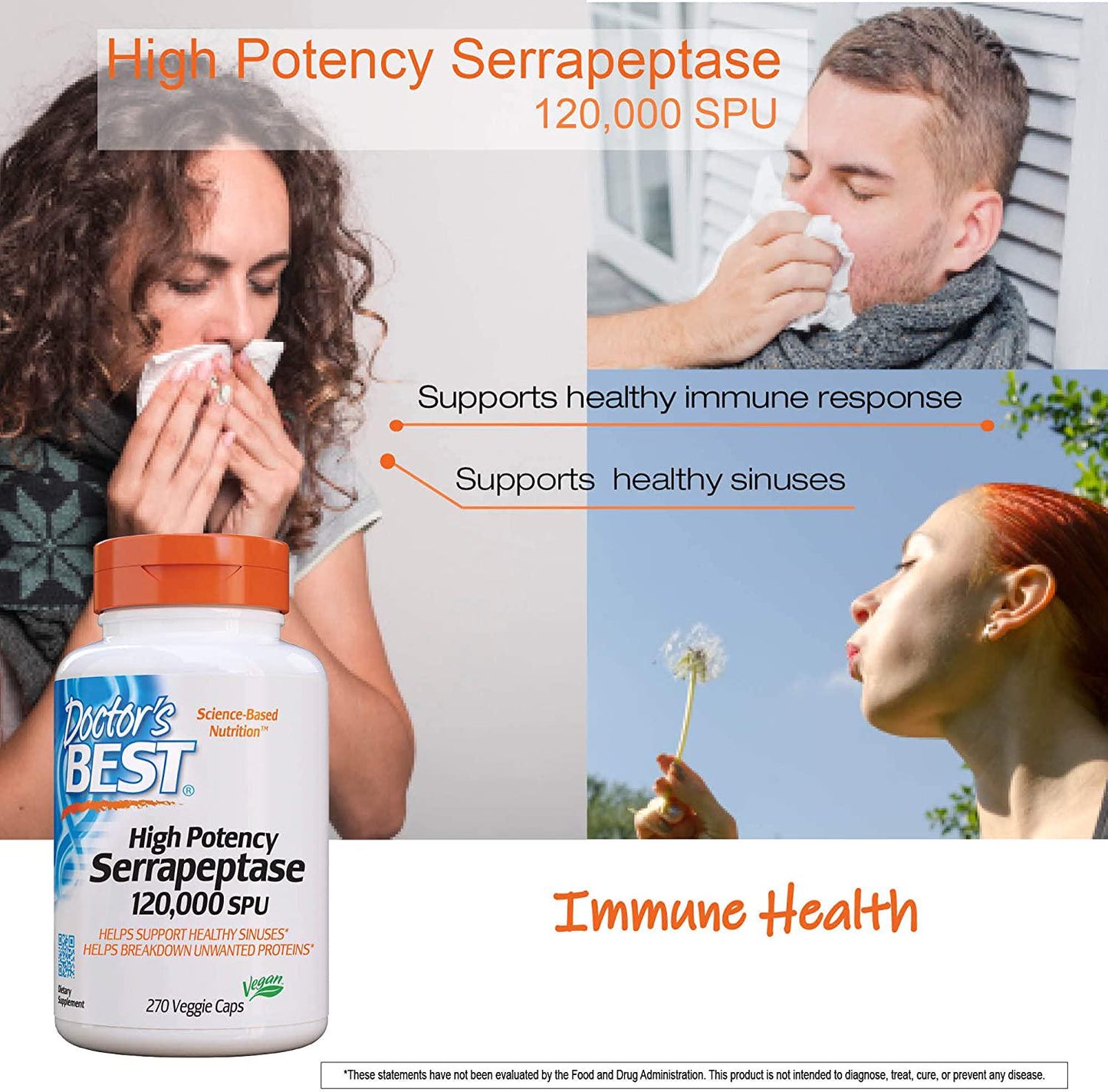 Doctor's Best High Potency Serrapeptase, Non-GMO, Gluten Free, Vegan, Supports Healthy Sinuses, 120,000 SPU, 90 Veggie Caps