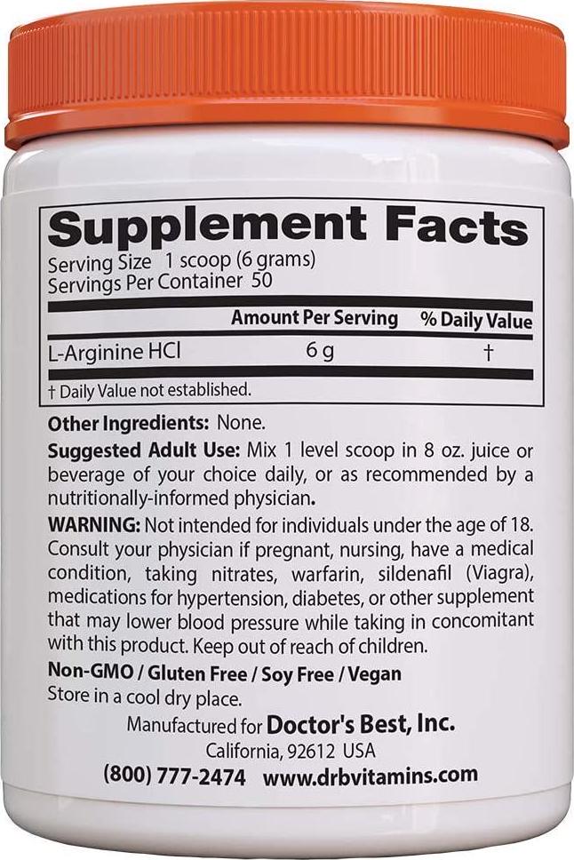 Doctor's Best L-Arginine Powder, Non-GMO, Vegan, Gluten Free, Soy Free, Helps Promote Muscle Growth, 300 Grams