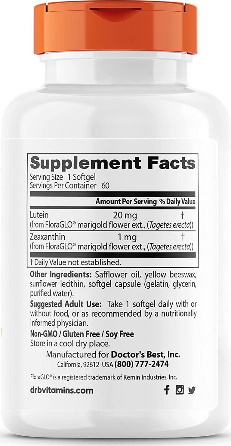 Doctor's Best Lutein mit FloraGLO, glutenfrei, Vision Support, 60 Softgelkapseln