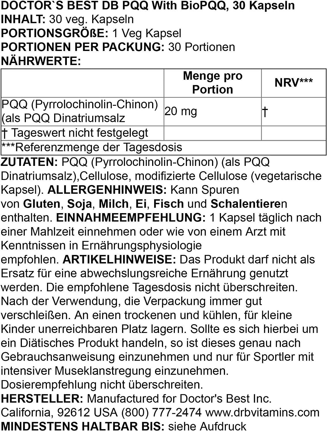 Doctor's Best PQQ with BioPQQ, Non-GMO, Vegan, Gluten and Soy Free, 20 mg, 30 Count