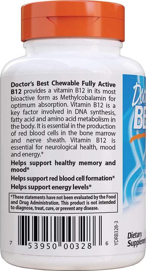 Doctor's Best Quick Melt Fully Active B12 Supplement, 1000 mcg, 60 Count