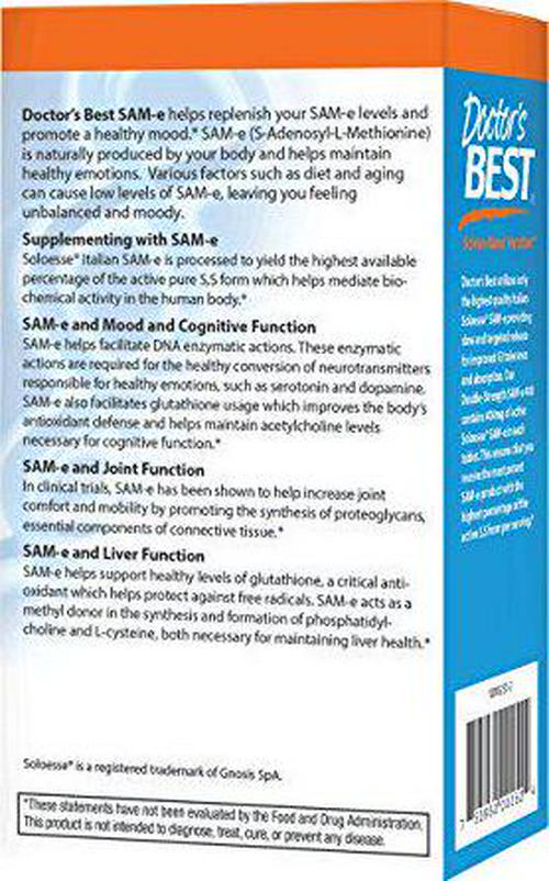 Doctor's Best SAM-e 400 mg, Vegan, Gluten Free, Soy Free, Mood and Joint Support, 60 Enteric Coated Tablets