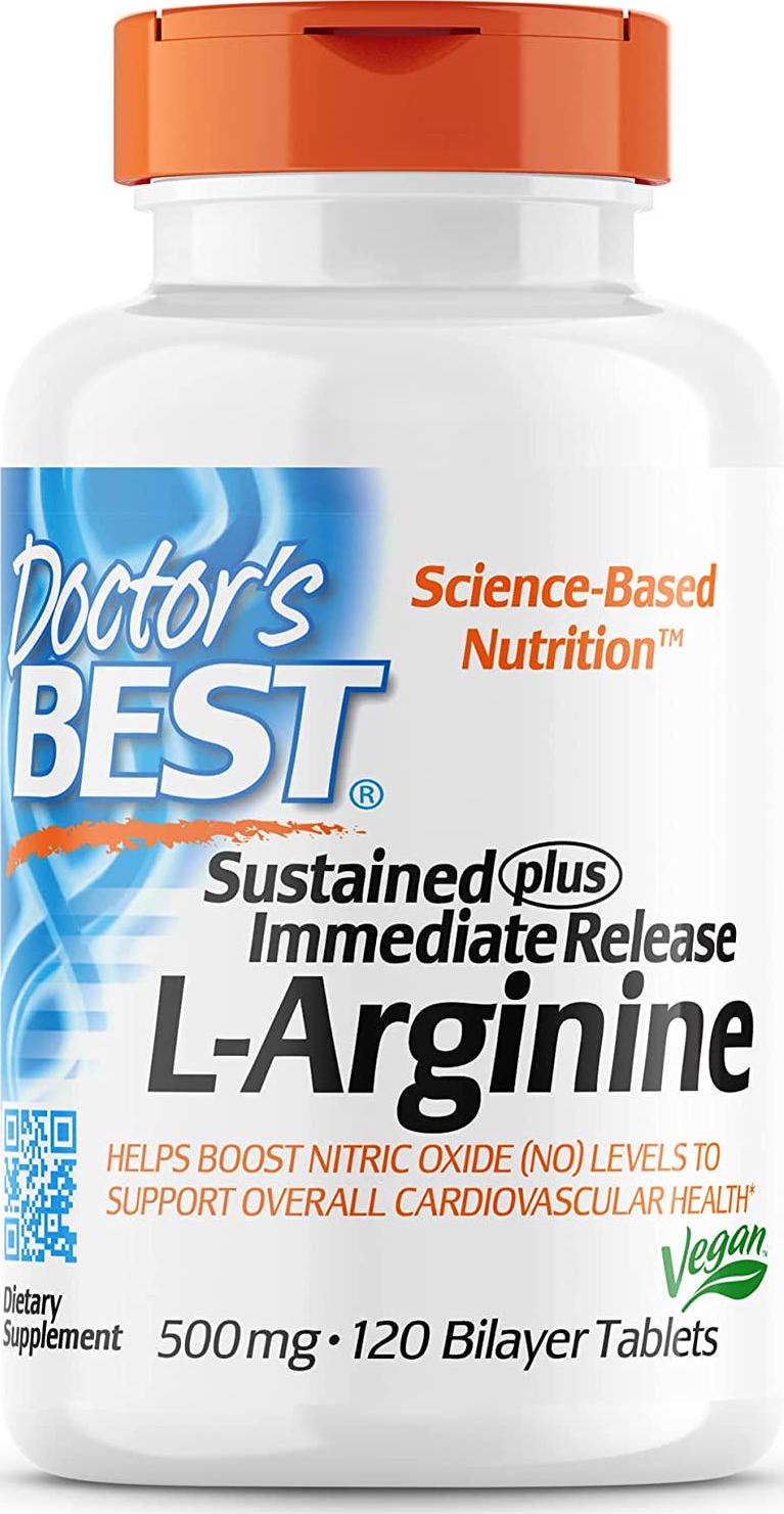 Doctor's Best Sustained Plus Immediate Release L-Arginine, Non-GMO, Vegan, Gluten and Soy Free, 500 mg, 120 Count